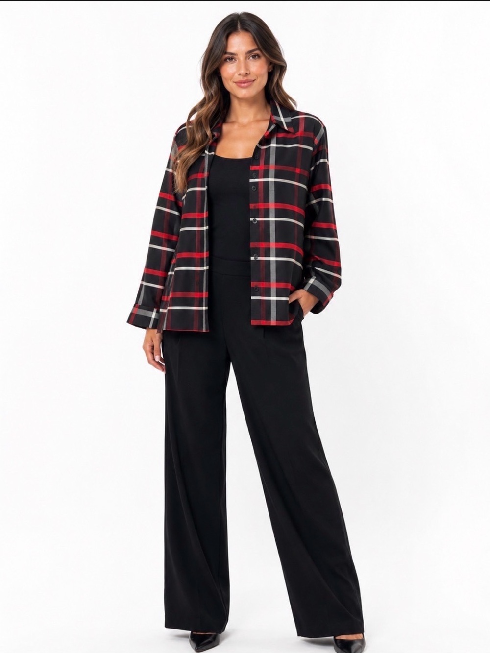 Sag Harbor Women Top Plaid Two-in-One Faux Twinset Blouse Red and Black Size 14